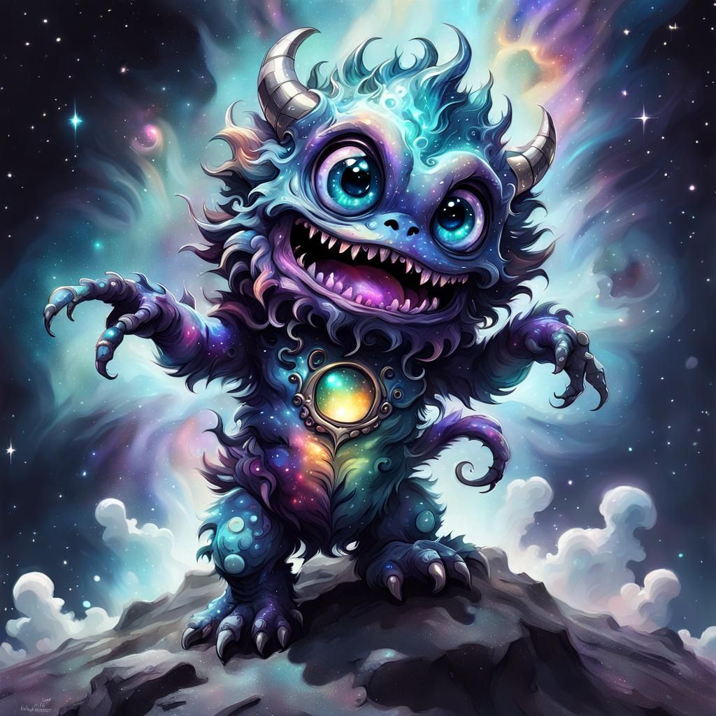 Adorable Baby Monster in Cosmic Watercolor Style