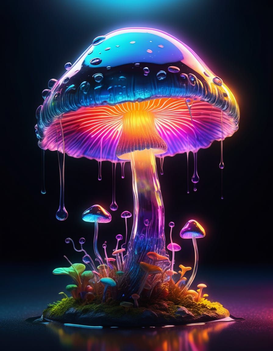 Hyperrealistic Neon Glass Mushroom in Vibrant Sunrise Light