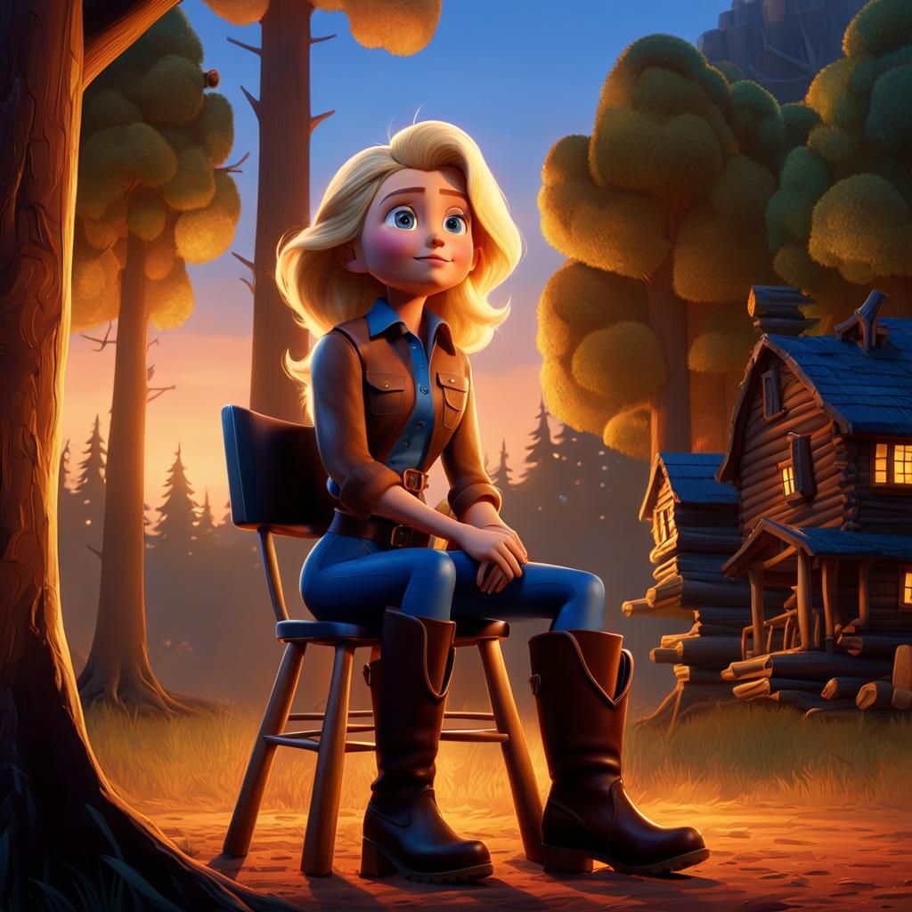 Muscular Woman in Boots, Pixar-Style Concept Art