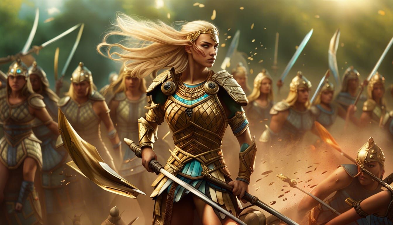 Amazon Warriors in Epic Battle: Hyperrealistic Splash Art