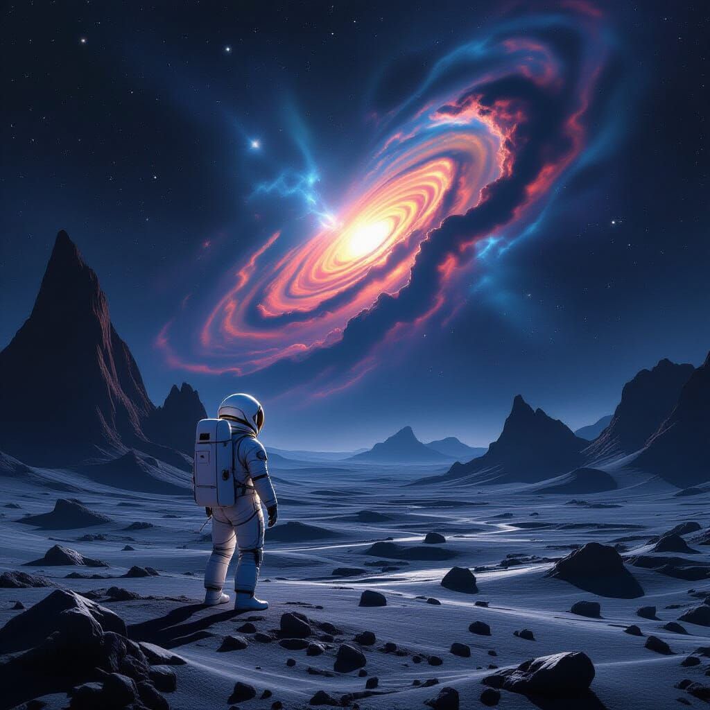 Astronaut Gazes at Nebula on Alien World