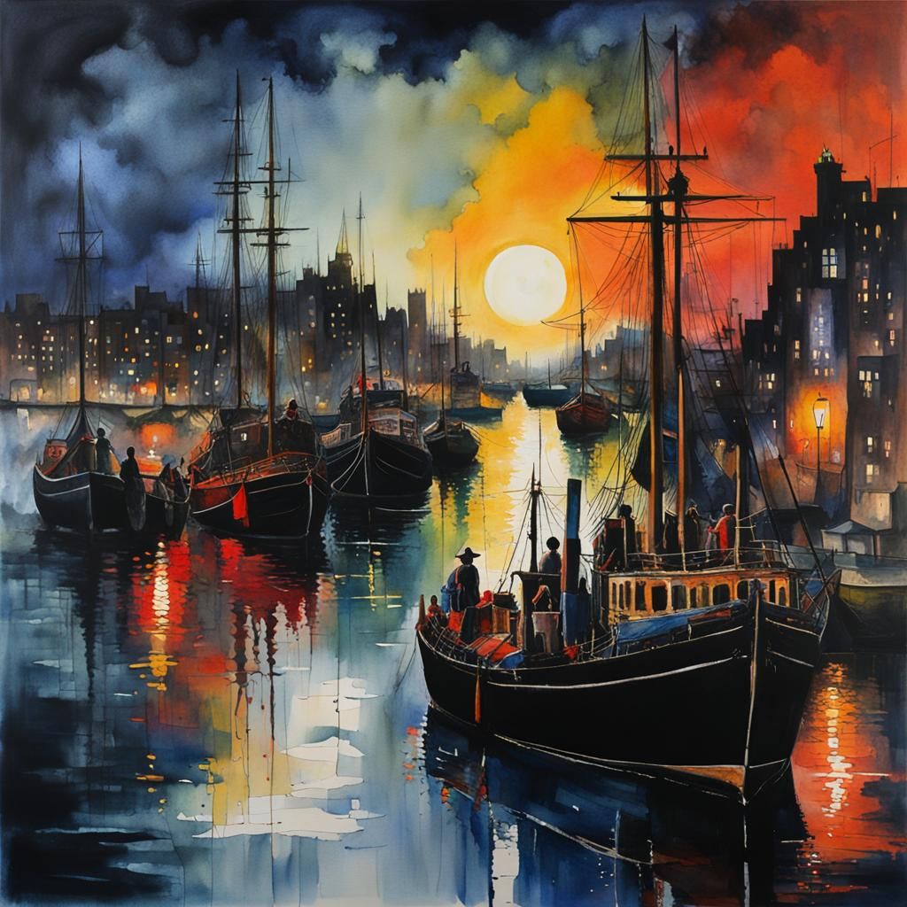 Mysterious Figures in Dark Harbour: Watercolour Fantasy
