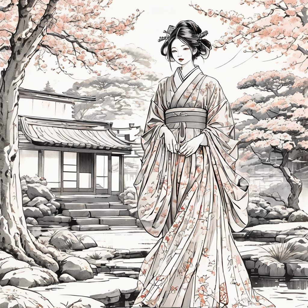 Geisha in Serene Japanese Garden, in Traditional Ukiyo-e Sty...