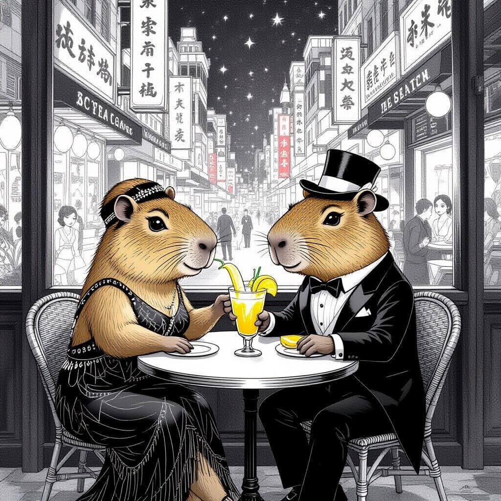 Capybara Speakeasy in Sanrio Pencil Style