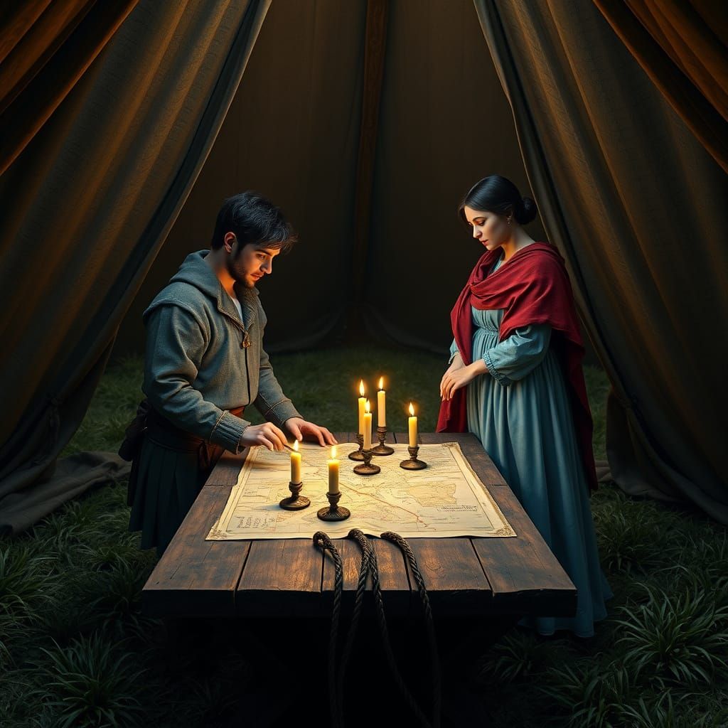Medieval Couple Studies Map by Candlelight in a Large Tent
