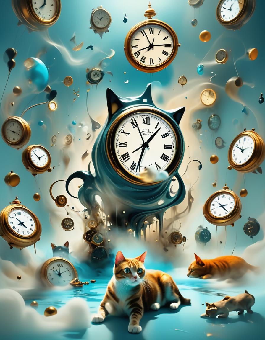 Surreal Cat in Dreamscape with Melting Clocks