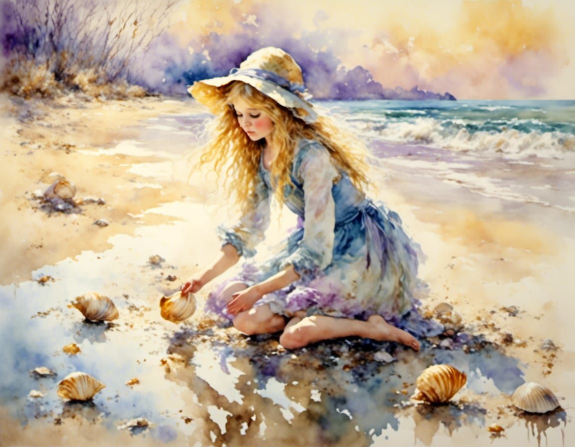 Girl on Beach in Impressionistic Style