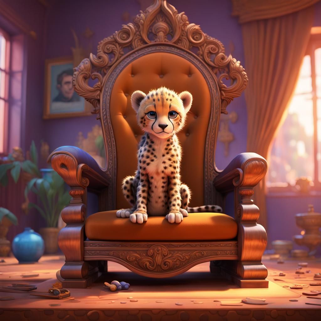 Cheetah Cub on Throne: Pixar-Style 3D Art