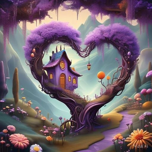 Whimsical Heart Tree in a Purple Hued Fantasy Realm