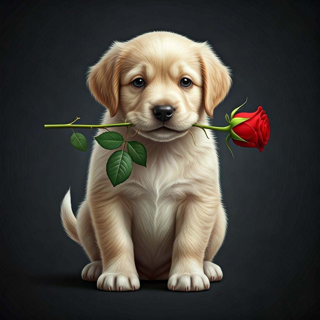 A playful puppy holding a rose in its mouth, wagging its tail. The words: "I woof you! Will you be my Valentine?"