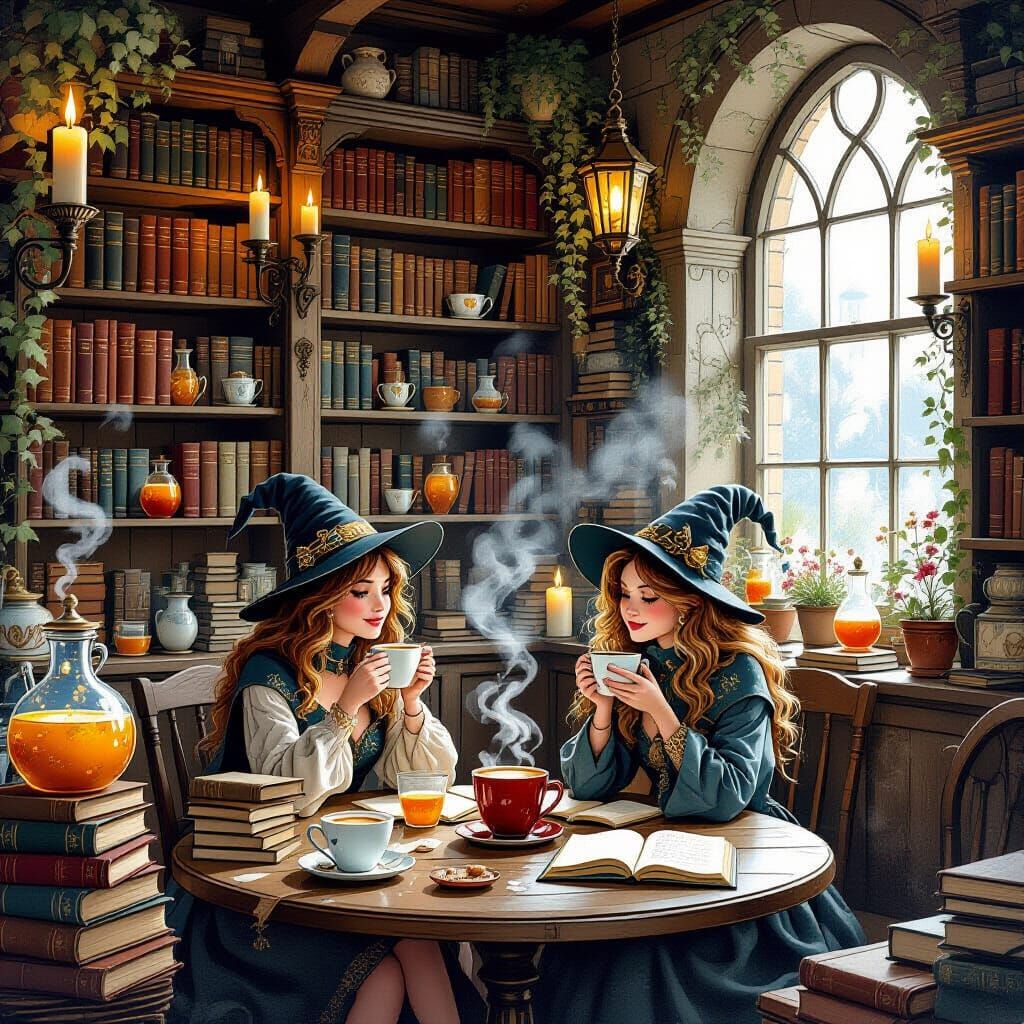 Enchanted Cafe With Spellbooks And Coffee - Whimsical Illust...