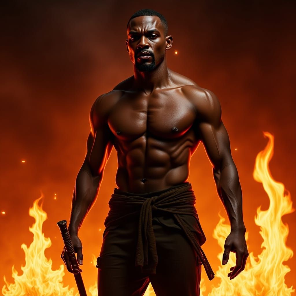 African Man Walking Through Fire in Hyperreal Style
