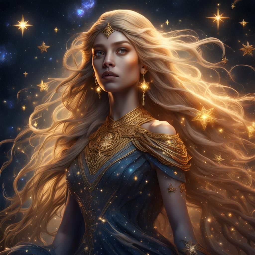 Celestial Goddess with Galaxy Dress, Digital Art