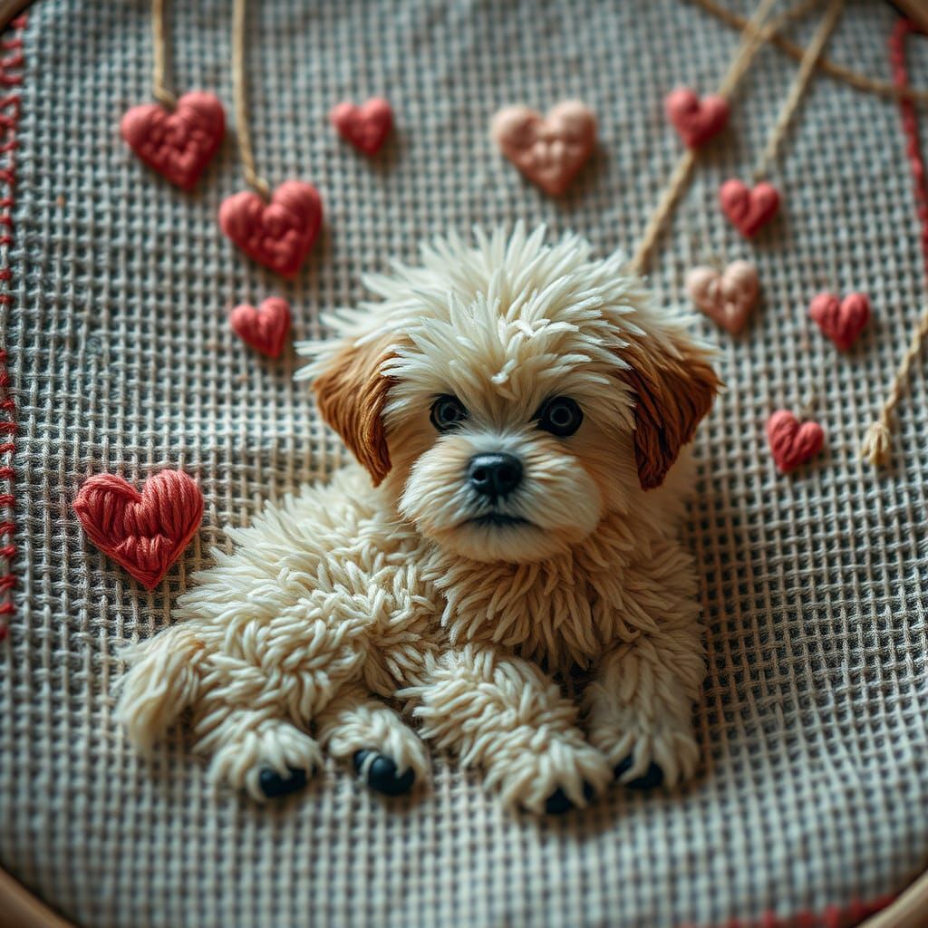 Cross-Stitched Fluffy Dog: Intricate String Art