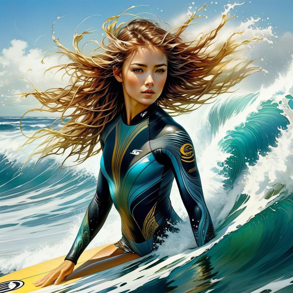 Anime Surfer Rides Ocean Wave