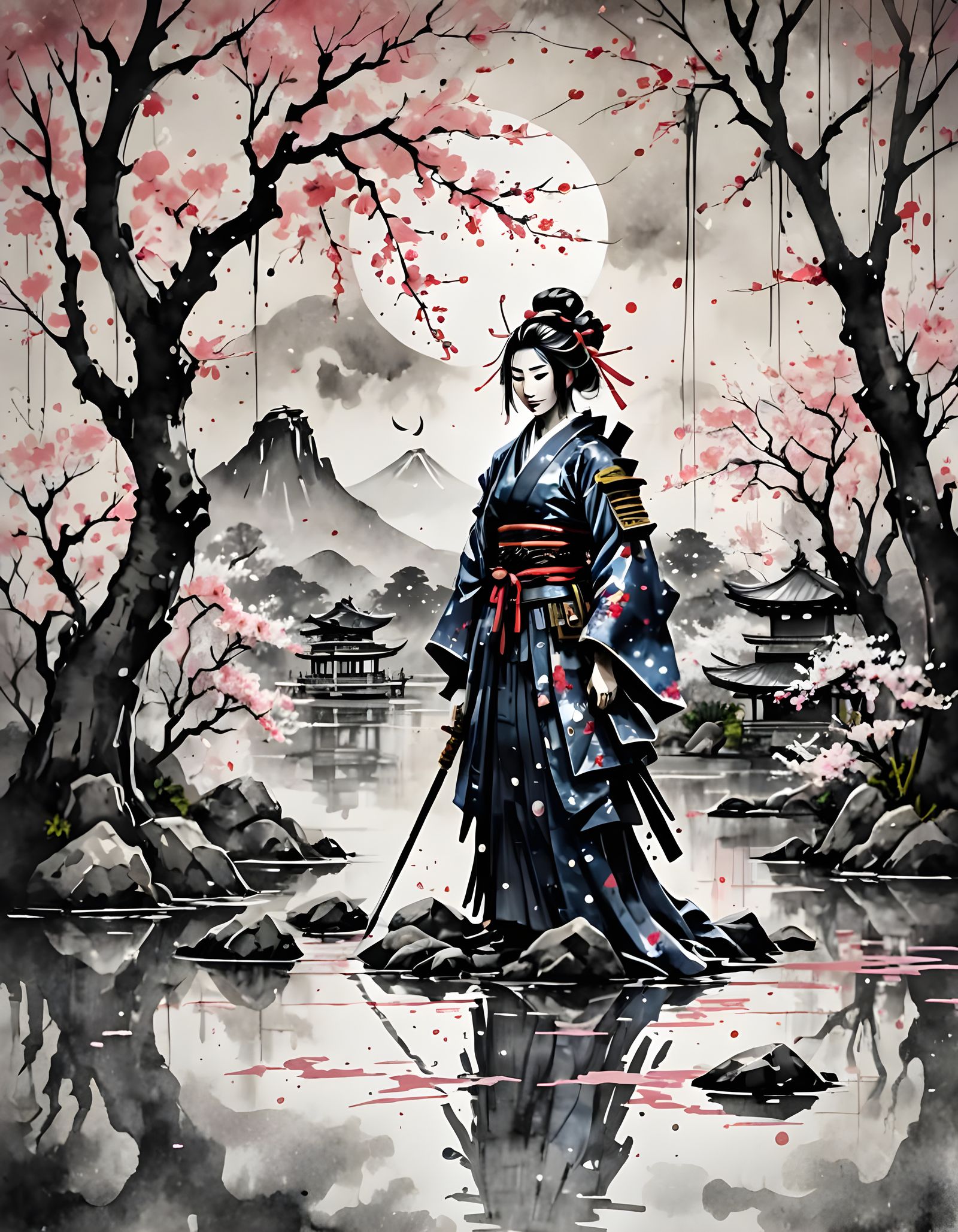 Samurai Robot Princess in Japanese Ink Splatter Art