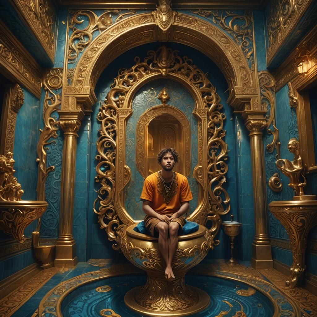 Person on Golden Toilet in Mystical Bathroom