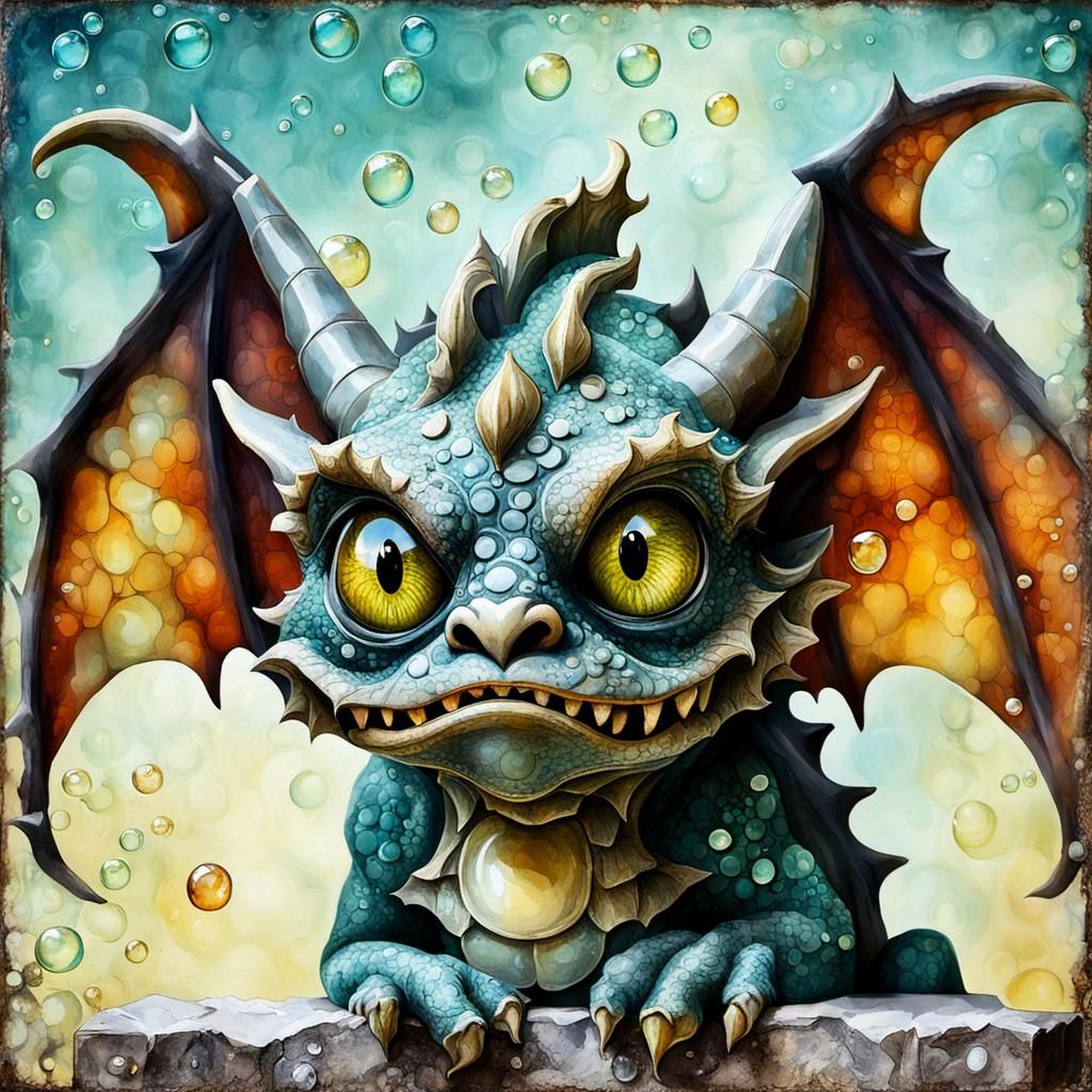 Friendly Dragon Gargoyle Coughing Bubbles: Fantasy Art