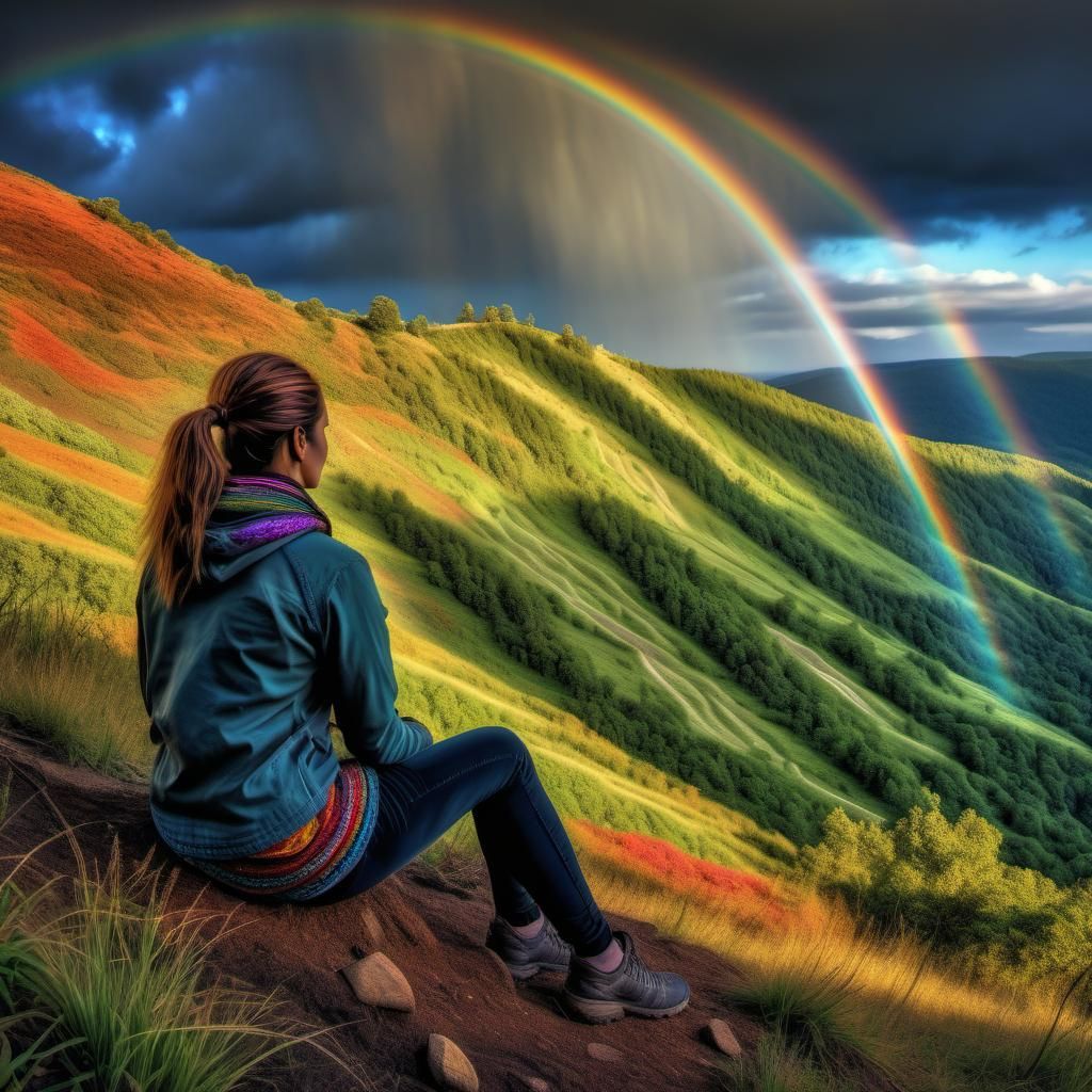 Young Woman Watching Rainbow: Hyperrealistic Image