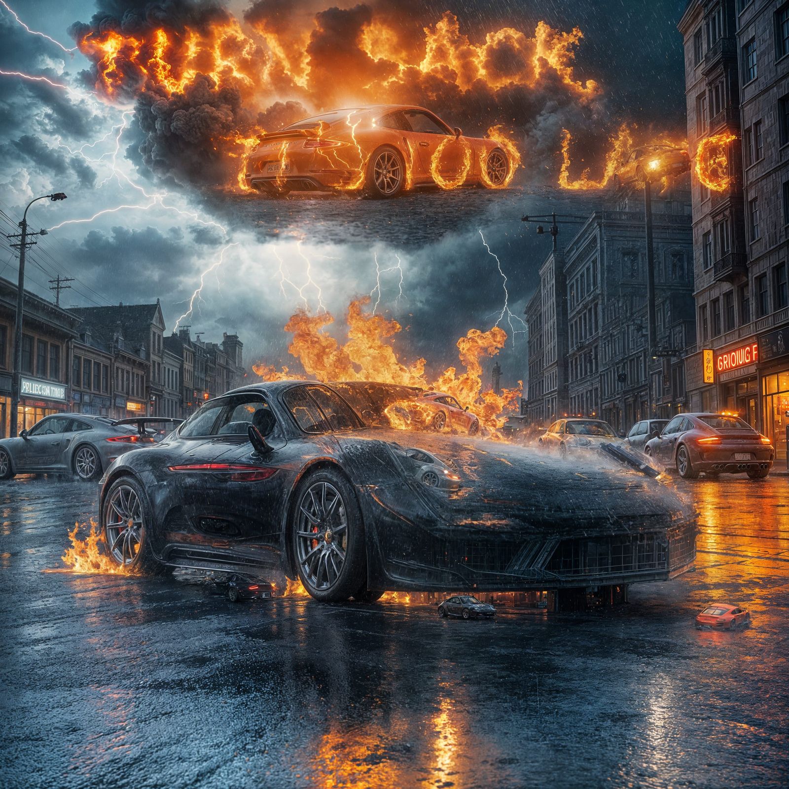 Burning Porsche 911 on a Rainy Thunderstorm City Night