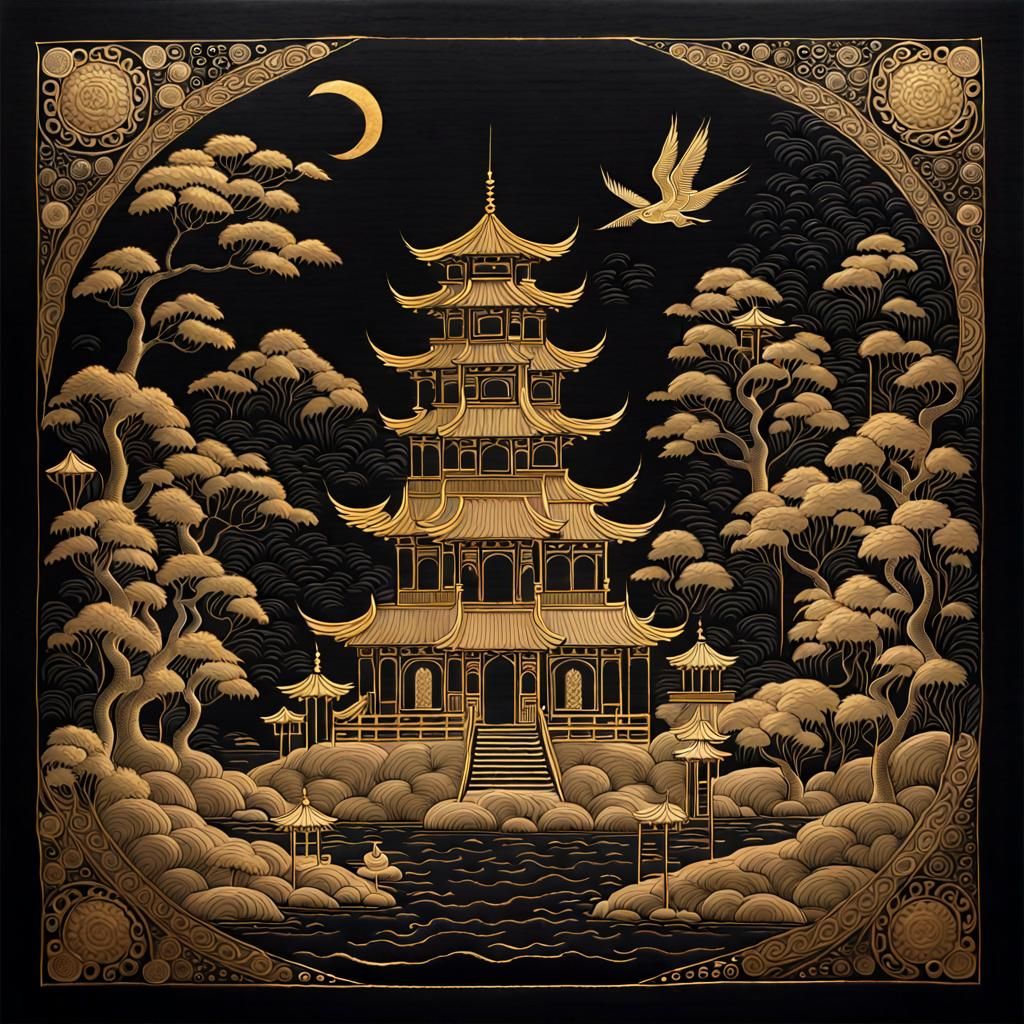 Gracious Light: Gold Ink Oriental Folk Art