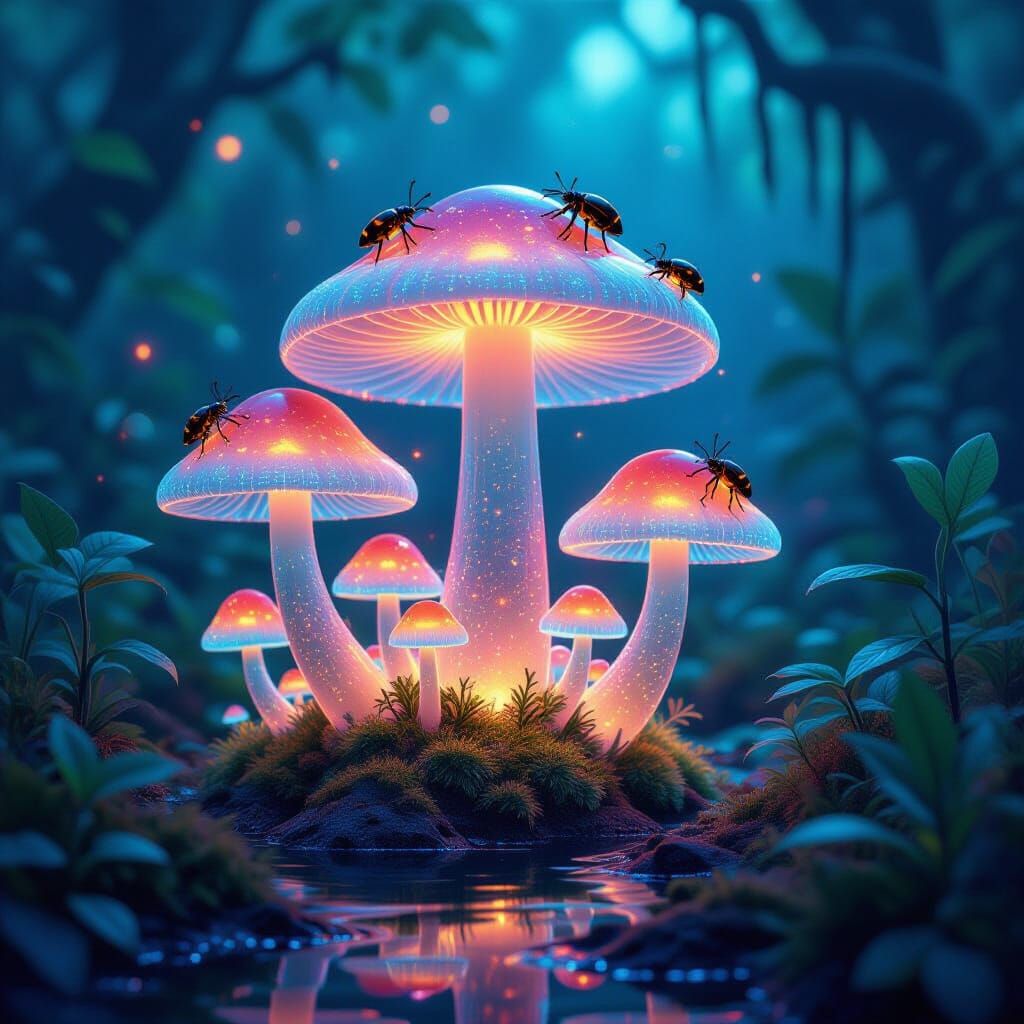 Bioluminescent Mushroom Colony in a Jungle