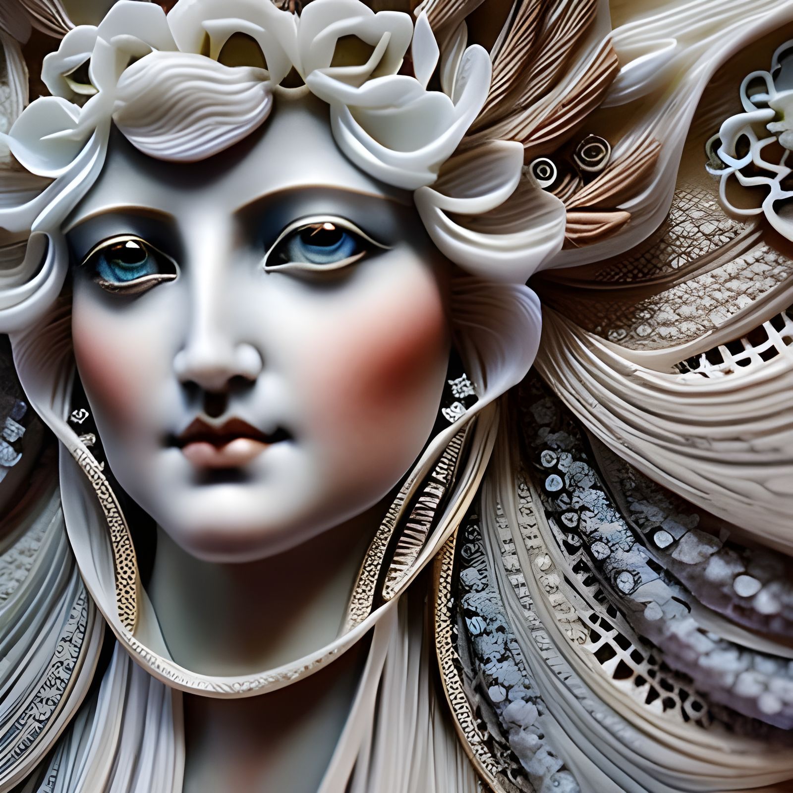 Hyperrealistic Art Nouveau Goddess Portrait in 3D