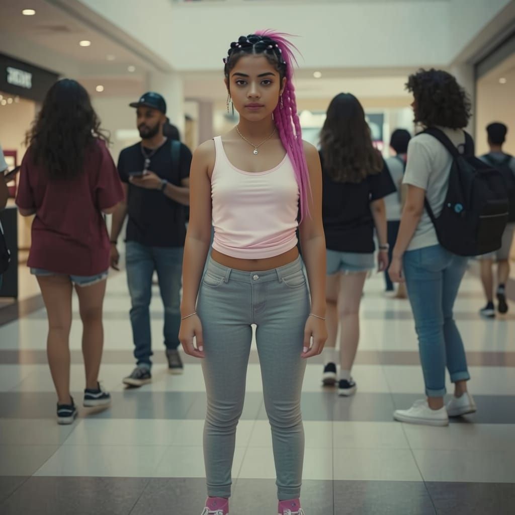 Punk Girl with Pink Hair at the Mall, Cinematic Film Still