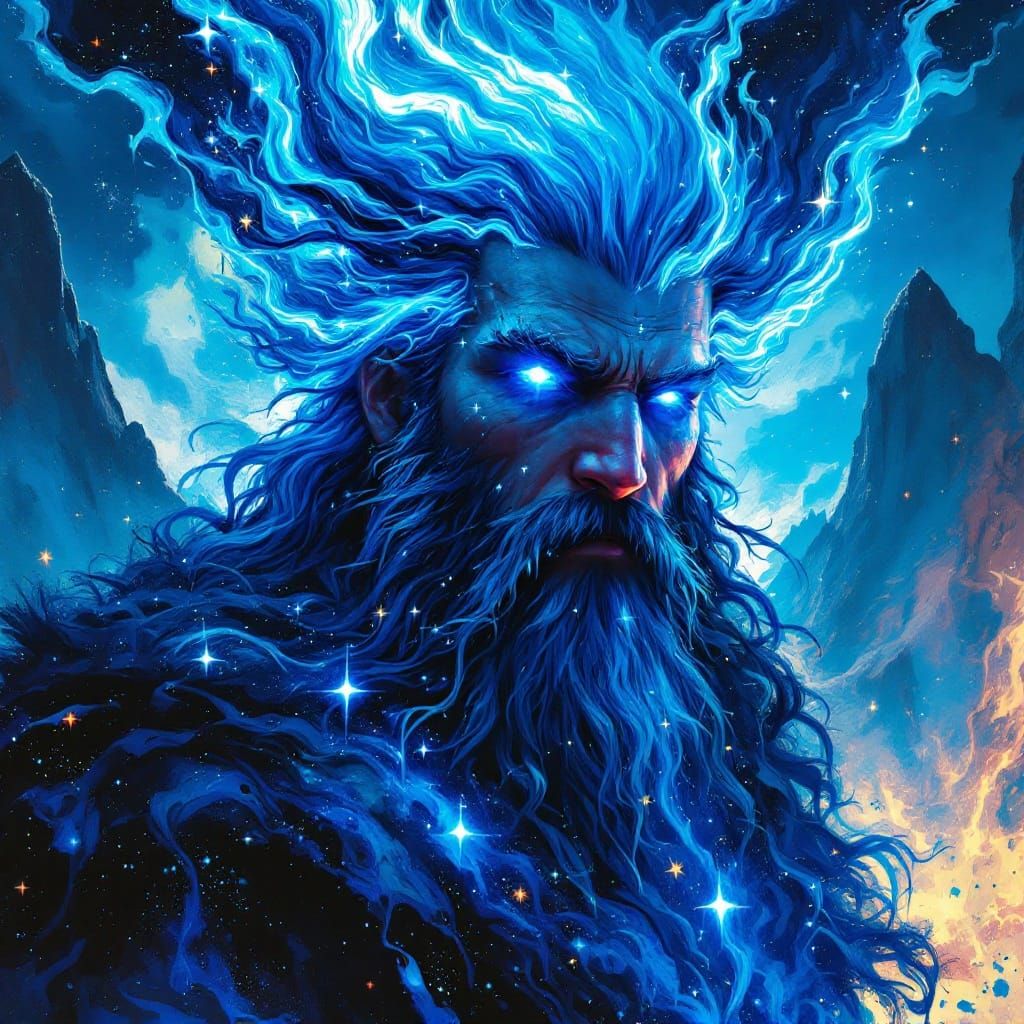 Cosmic Viking Warrior in Neon Blue Hair and Celestial Aura