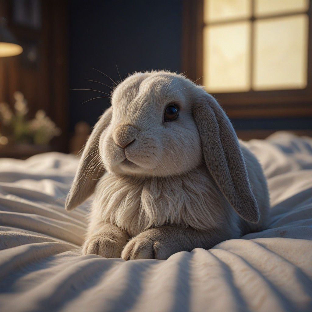 Mini Lop Rabbit on a bed