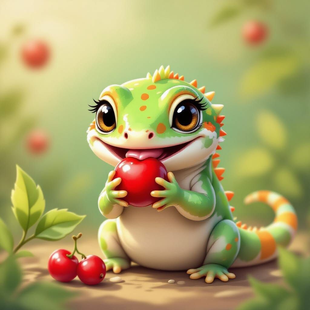 Adorable Gecko Eating Berry in Storybook Style