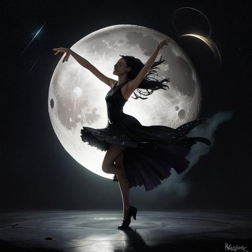 Girl Dancing on a Star with Moonbeams, Dark Fantasy