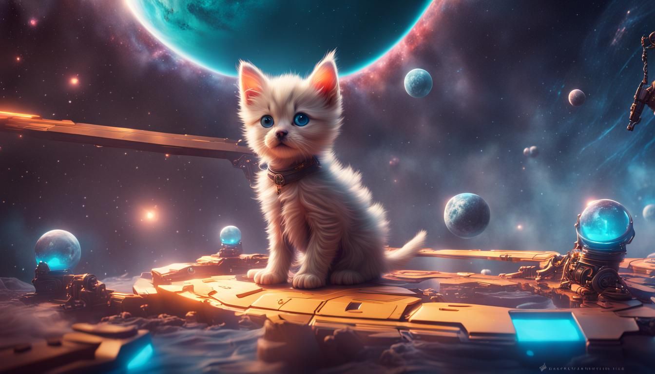 Galactic Kitten's Space Adventure: Detailed Matte Painting