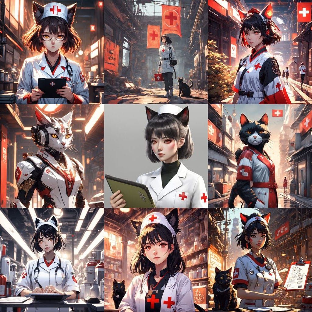 Anime Nurse Cat Girl in Vivid Red Uniform with Golden Eyes