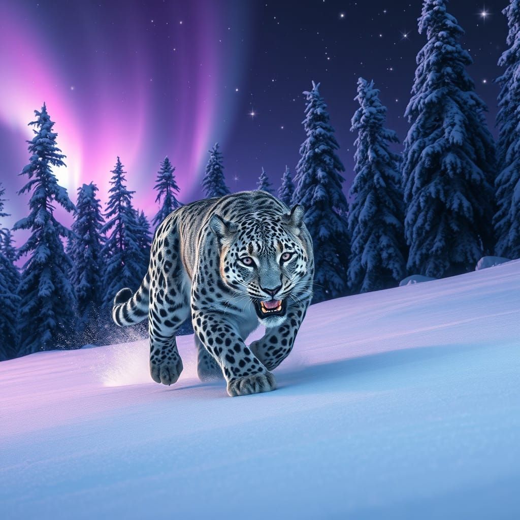 Majestic Snow Leopard Under Nighttime Aurora
