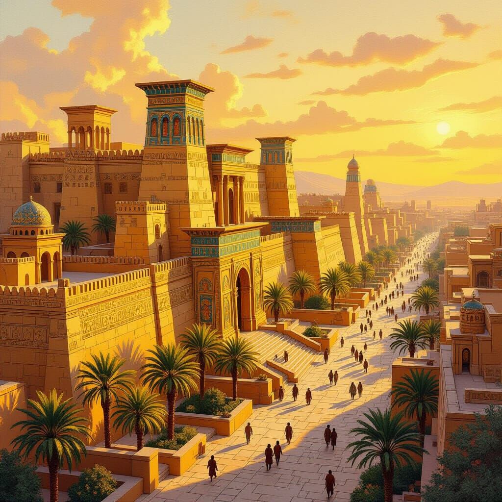 Babylon Cityscape in Golden Light, Oil Painting Style