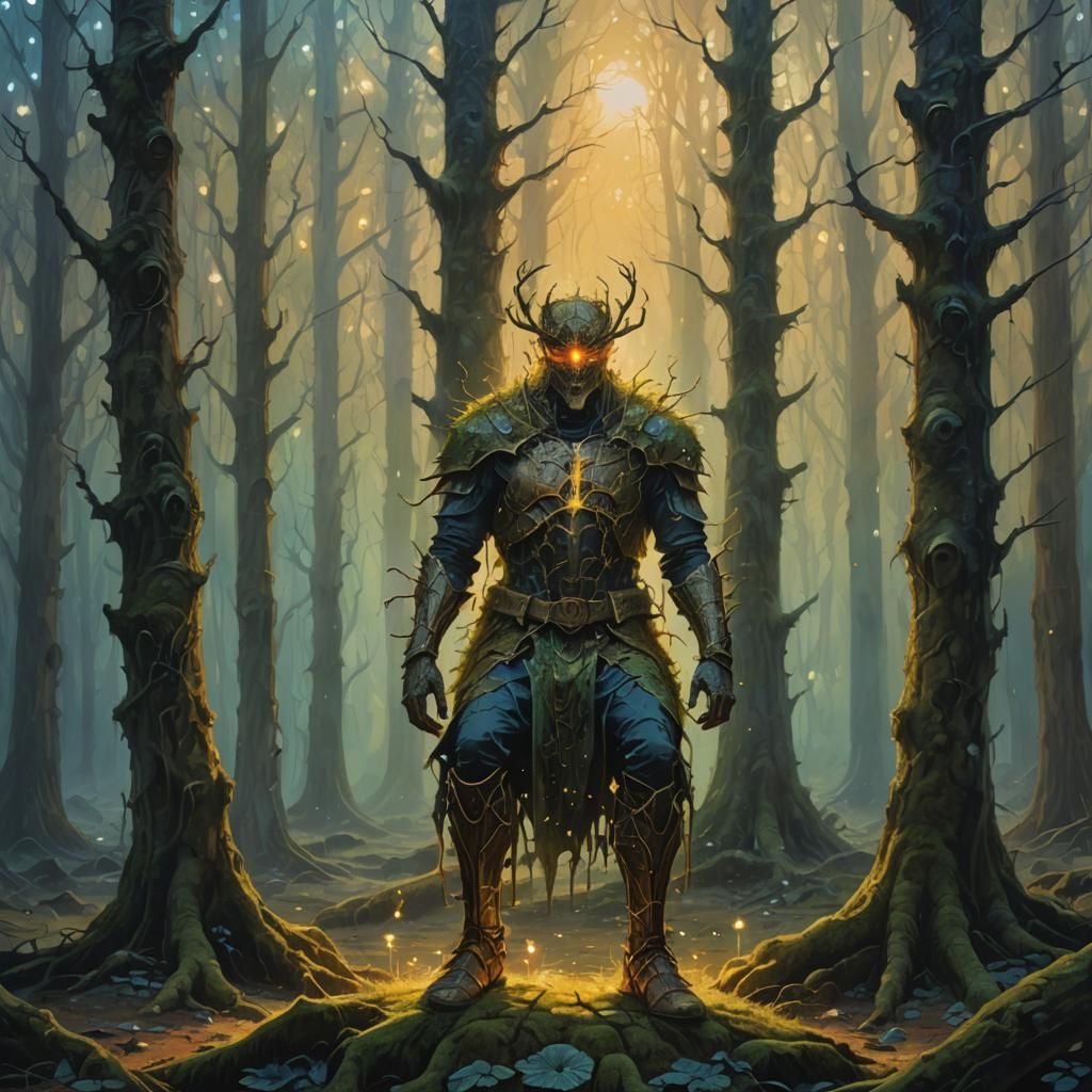 Melancholic Monarch in Mystical Forest: Surreal Oil Painting