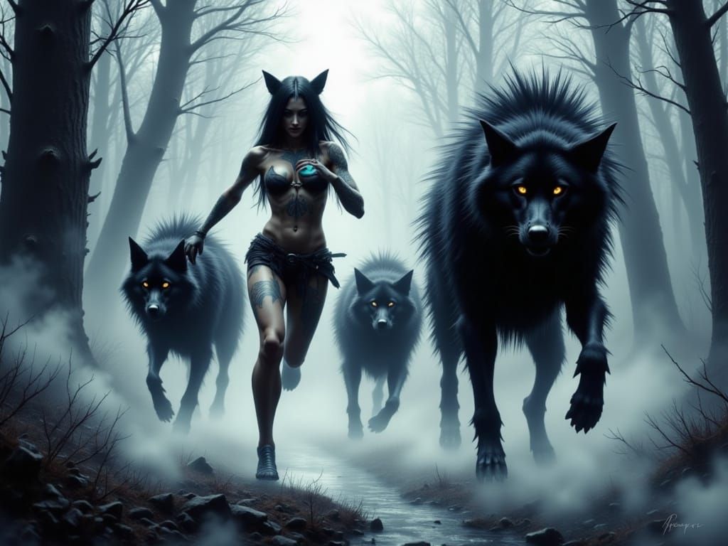 Dark Fantasy Woman in Wolf Mask Runs Through Misty Forest