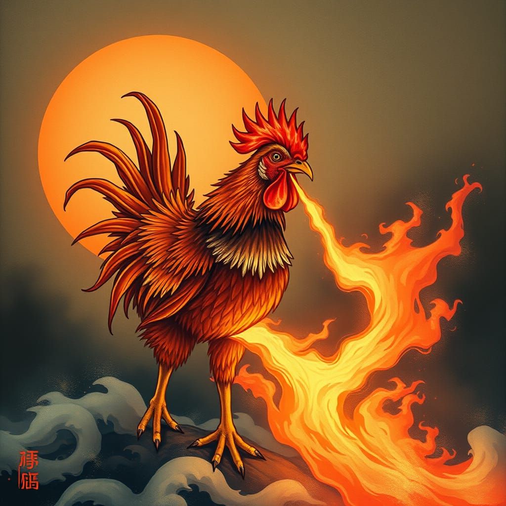 Vibrant Tsukumogami Chicken in Sunset Hues, Inspired by Hoku...