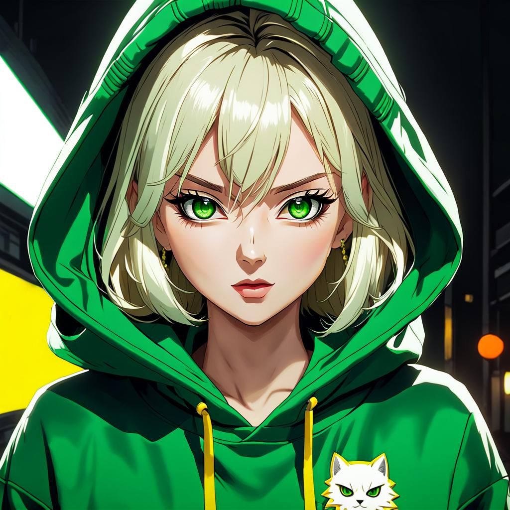 Anime Girl in Green Hoodie, Cel-Shaded Style