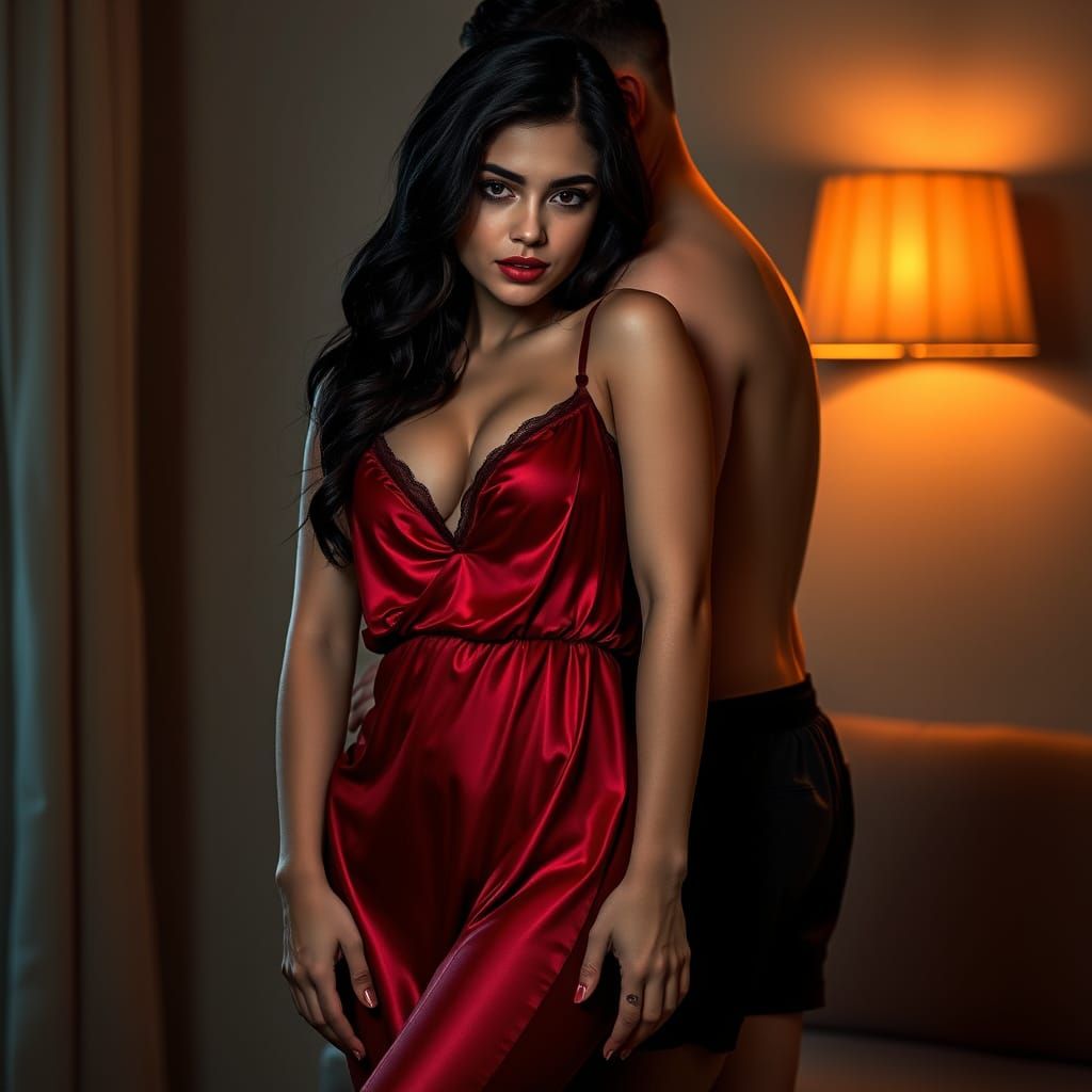 Sensual Embrace in Lamplight: A Photorealistic Intimate Scen...
