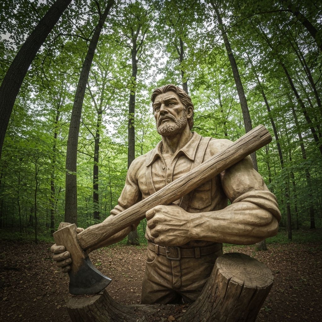 Detailed Wooden Lumberjack Statue in Forest