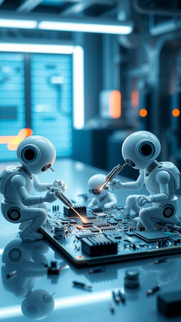 Tiny Robots Building Circuit Board in Futuristic Lab