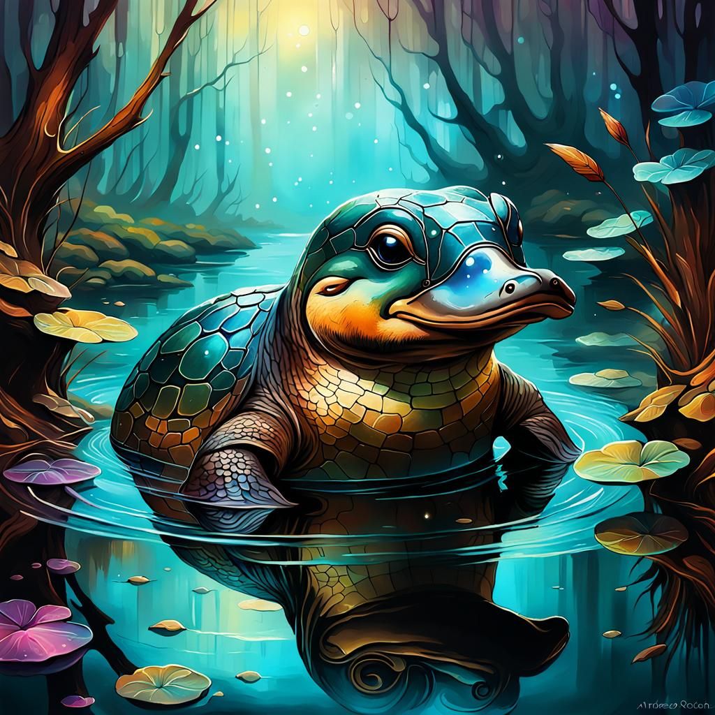 Dreamy Platypus Illustration in Alcohol Ink Style