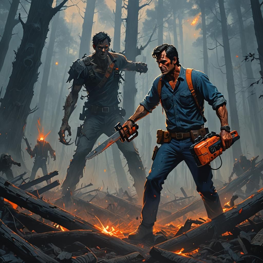 Ash Williams Battles Zombie in Misty Forest