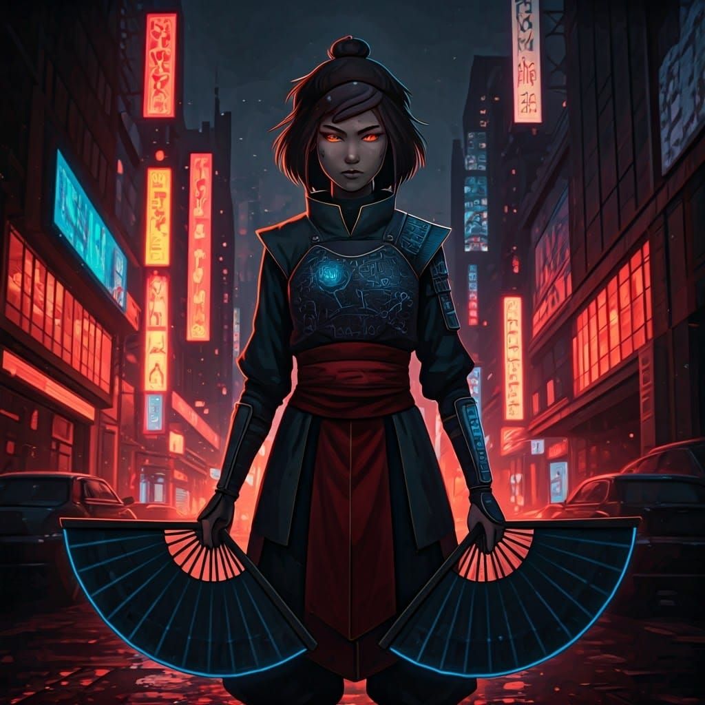 Kyoshi Warrior Avatar Stands Heroically in Cyberpunk City