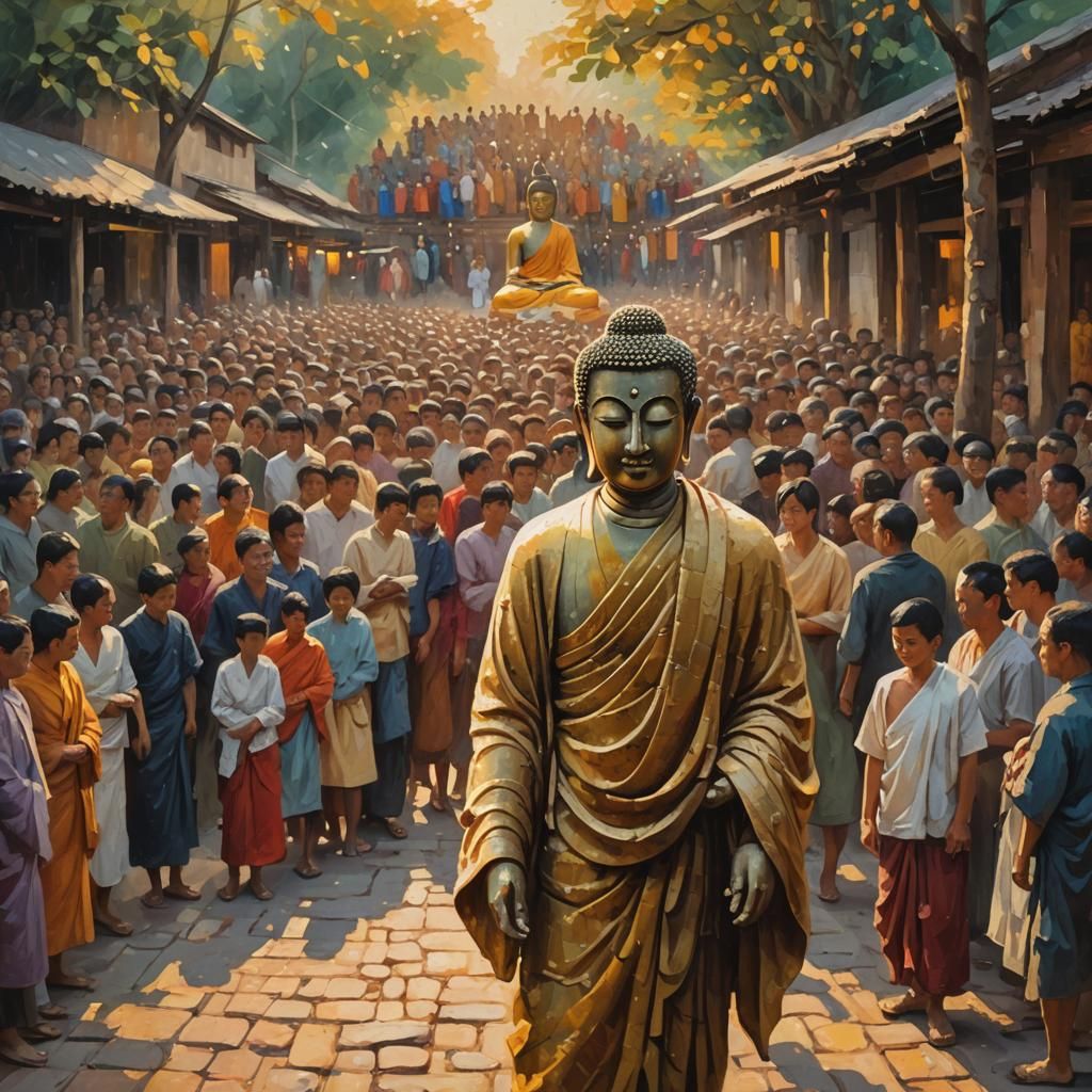 Buddha in Crowd: An Impressionist Oil Painting