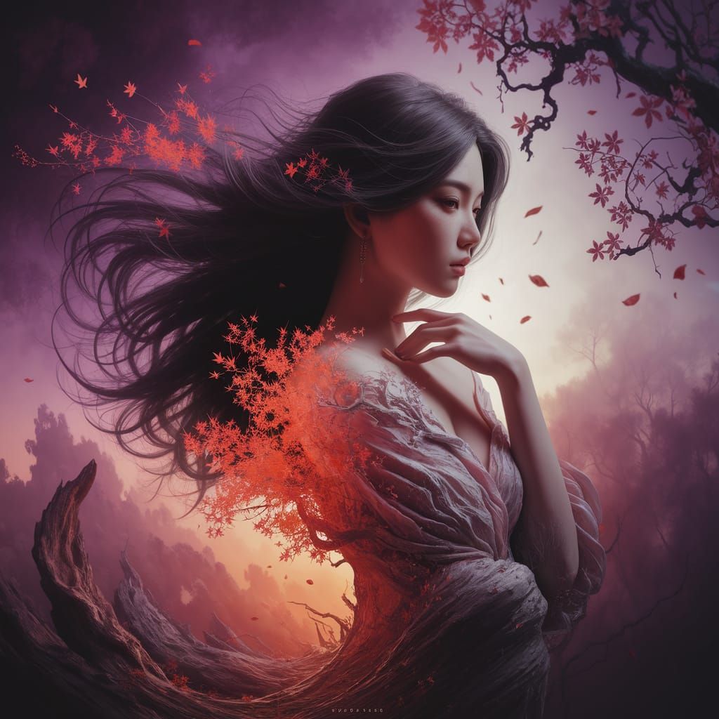 Woman's Silhouette Merged with Autumn Garden Blossoms