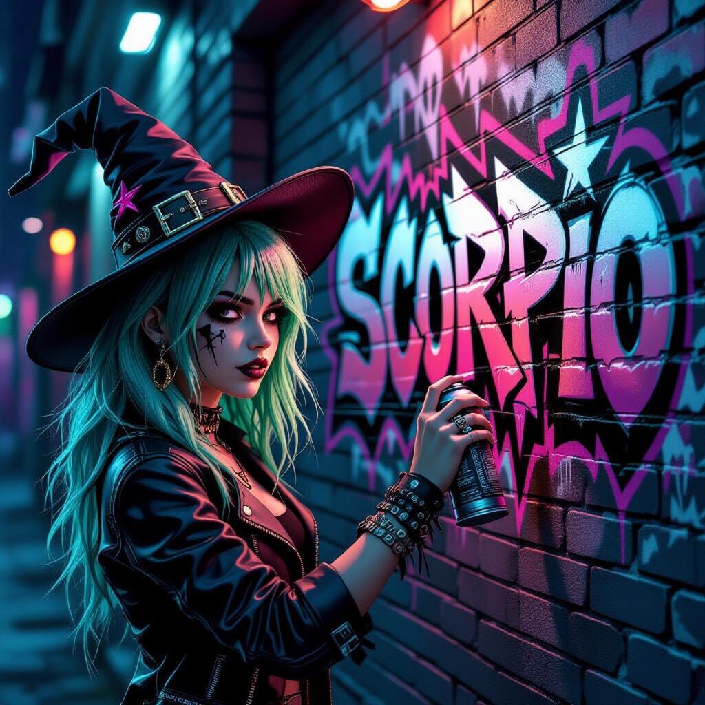 Punk Rock Witch Girl Paints Scorpio Graffiti in Neon Alley