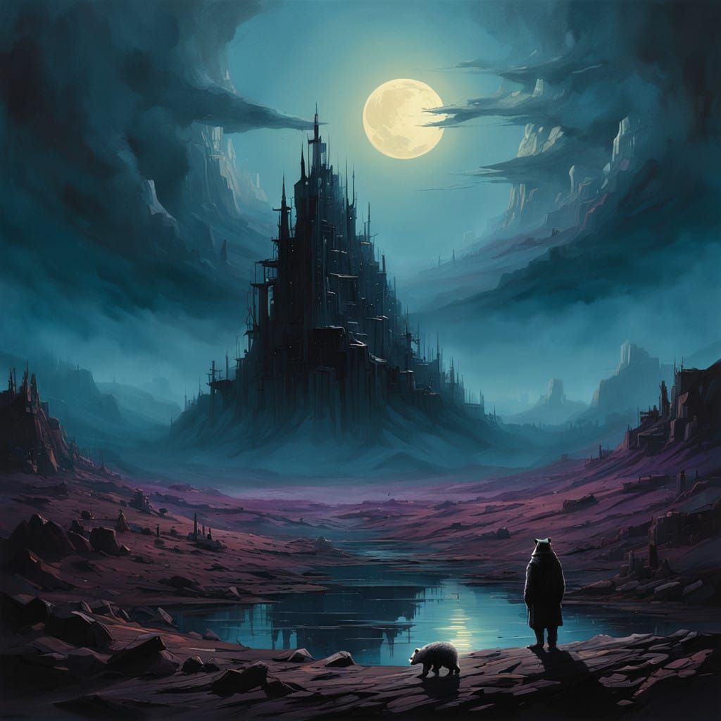 Dreamlike Badger Bear in Dark Futuristic Landscape